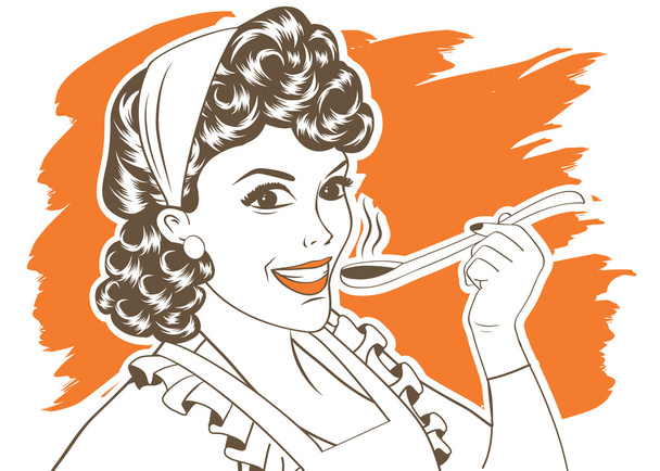 pop arte retro mulher com avental degustação de sua comida
 - Vetor, Imagem