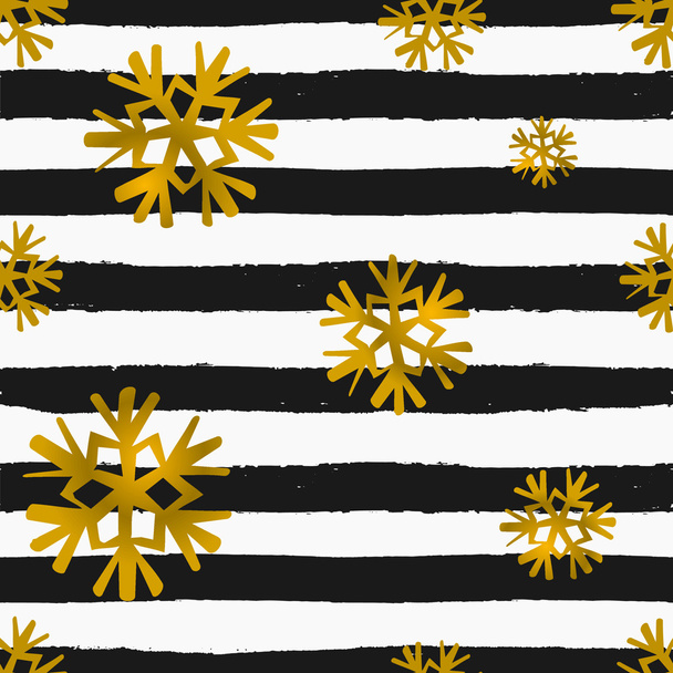 Gold Snowflakes and Stripes Seamless Pattern - Vektör, Görsel