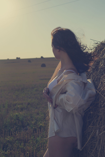 Aistillinen tyttö lähellä pino heinää muotokuva
 - Valokuva, kuva