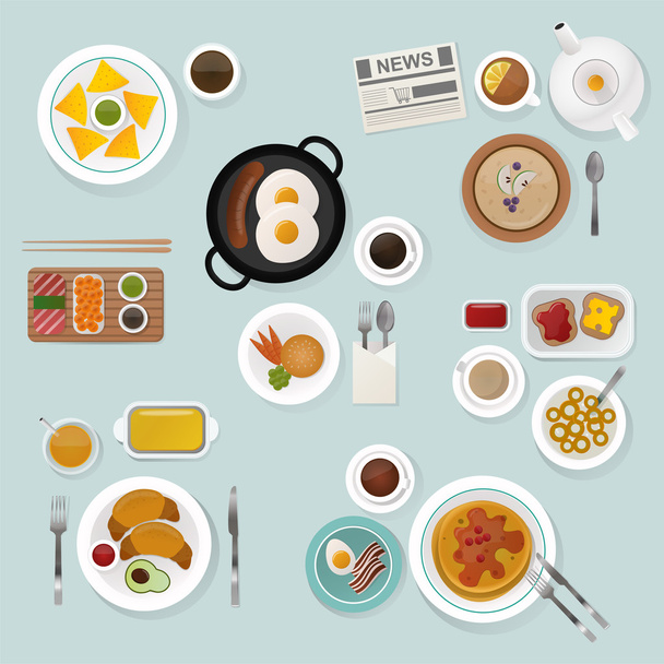 Śniadanie, płaskie góry widok zestaw ikon - Wektor, obraz