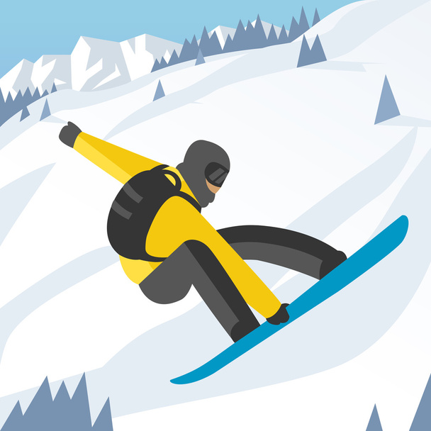 Poz kış açık arka plan üzerinde atlama snowboarder - Vektör, Görsel