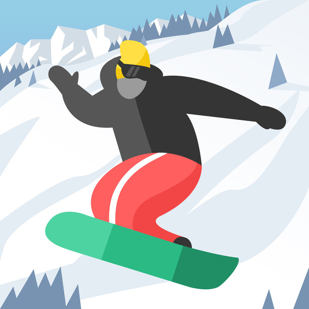 Snowboarder pose springen op winter buiten achtergrond - Vector, afbeelding