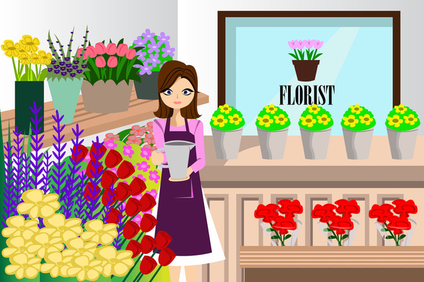 Florista trabalhando com um monte de flores diferentes
 - Vetor, Imagem