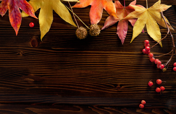 Autumn leaves Over Wooden Background with Advertising Space - Foto, Imagem