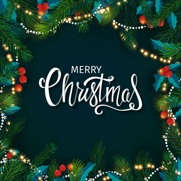 Carte de Noël et Nouvel An avec branches de sapin, gui, lettrage. Illustration vectorielle
. - Vecteur, image