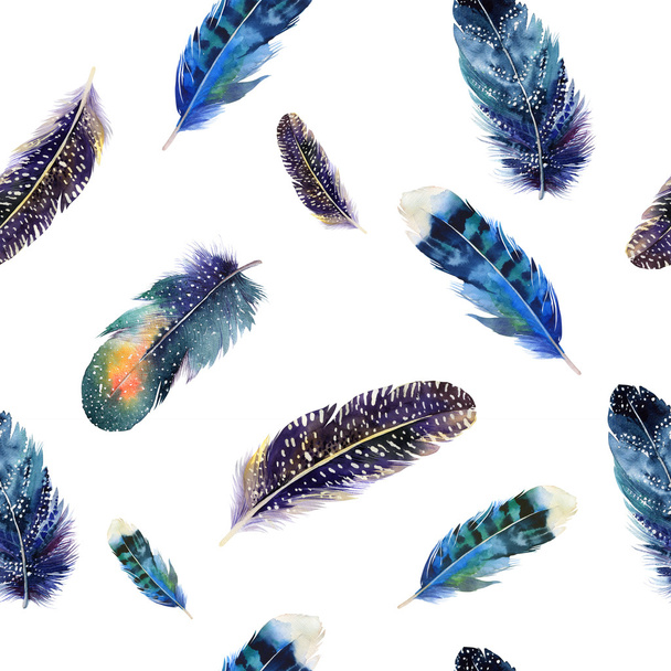 Watercolor birds feathers boho pattern. Seamless texture with ha - Фото, изображение