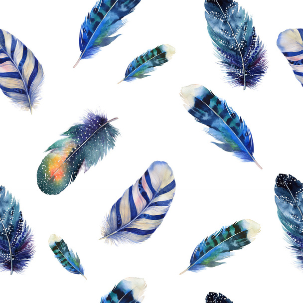 Watercolor birds feathers boho pattern. Seamless texture with ha - Foto, afbeelding