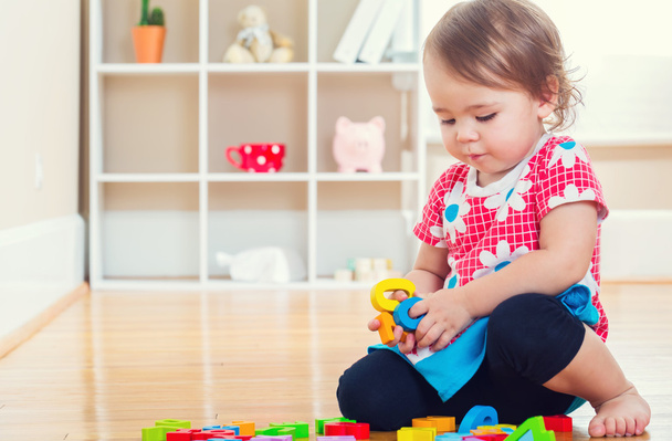 Toddler girl playing with her toys inside - Zdjęcie, obraz