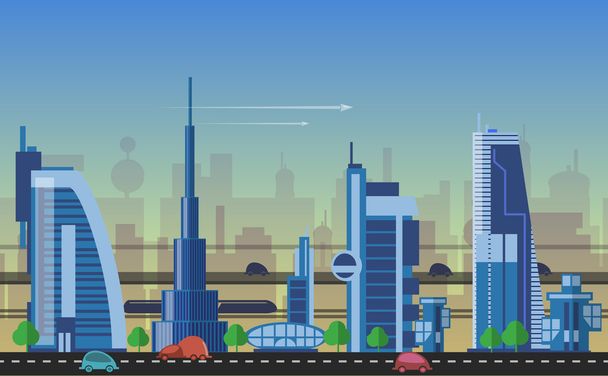 Rušné městské panoráma šablony s moderními budovami, silnic, futuristický dopravní - Vektor, obrázek