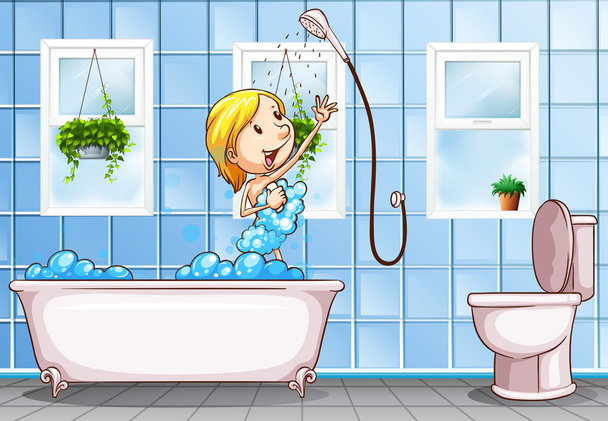 女性が浴室でシャワーを浴びて - ベクター画像