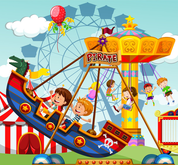 Children riding on rides at the funfair - Vector, Image