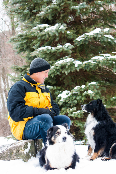 Чоловік з собаками взимку
 - Фото, зображення