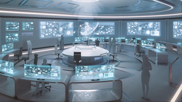 Moderno, futuristico centro di comando interno con sagome di persone
 - Foto, immagini