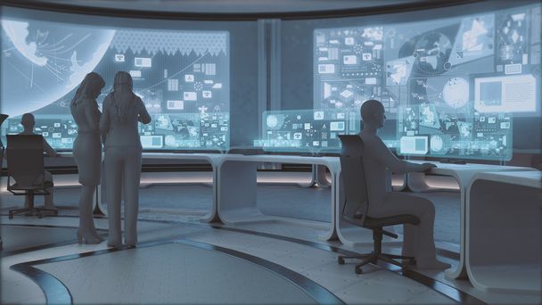 Modern, futuristic command center interior  with people silhouettes - Foto, afbeelding