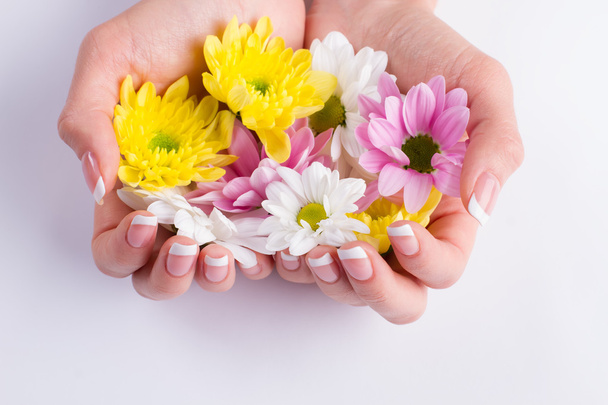 Colorfui λουλούδια στα χέρια. - Φωτογραφία, εικόνα