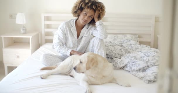 γυναίκα και το σκυλί που αναπαύεται στο κρεβάτι - Πλάνα, βίντεο