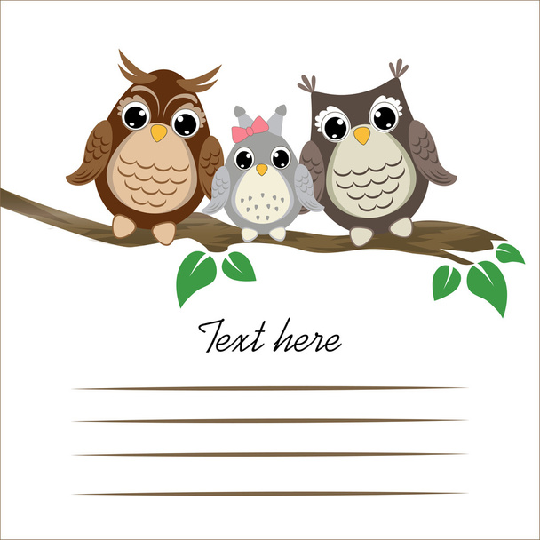 Cute owls on a tree branch with space for text. - Vektori, kuva