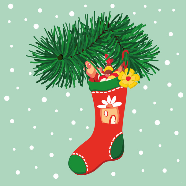 Красный рождественский носок висит на елке
 - Вектор,изображение