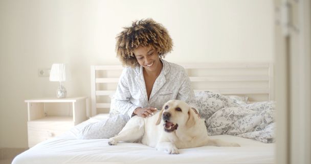 woman and dog resting in bed - Foto, imagen