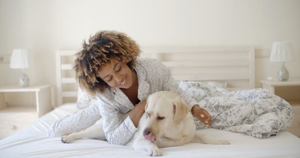 woman and dog resting in bed - Photo, image
