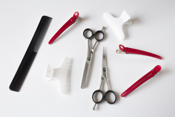 hairdressers tools scissors comb clips - Foto, imagen