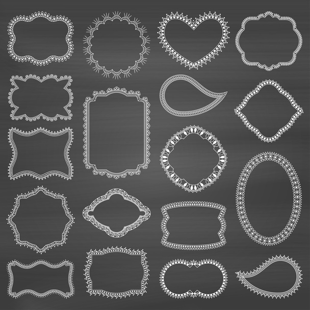 Set of decorative frames with flowers, swirls and hearts on chalk board background - Vector, Image