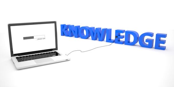 Knowledge - laptop notebook computer connected to a word on white background. 3d render illustration. - Zdjęcie, obraz