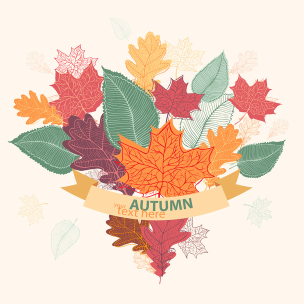 Bouquet of autumn colorful leaves tied with ribbon - Vector, Image