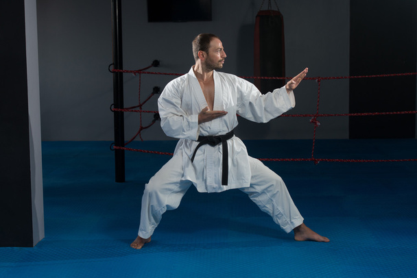 Man In White Kimono And Black Belt Training Karate - Foto, Imagen