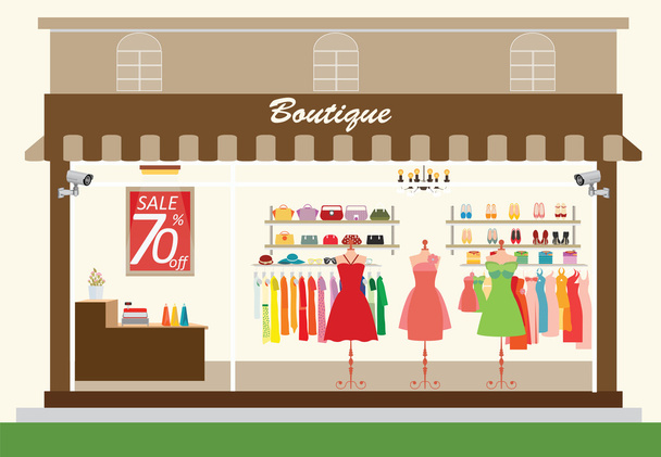 Clothing store building and interior with products on shelves. - Вектор, зображення