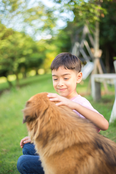 Mały chłopiec siedzi z pies przyjaźń - Zdjęcie, obraz