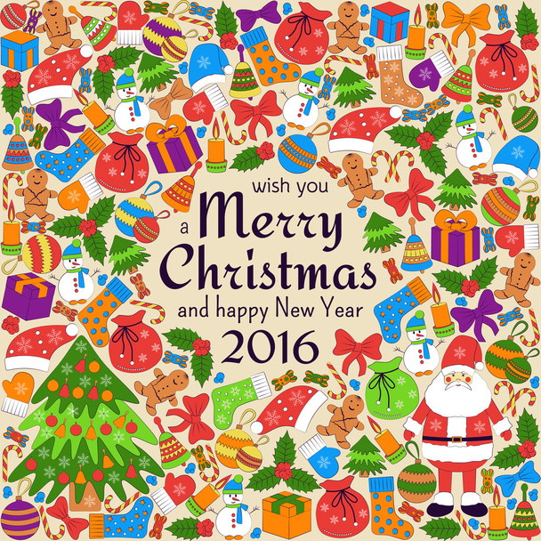 Carte de voeux de Noël avec texte vous souhaite un Joyeux Noël et de nombreux gribouillis d'hiver. Père Noël, jouets, biscuits, bonhommes de neige, sapin, bonbons, chaussettes, cadeaux, arcs, flocons de neige, étoiles, houx, mitaines, etc.
. - Vecteur, image