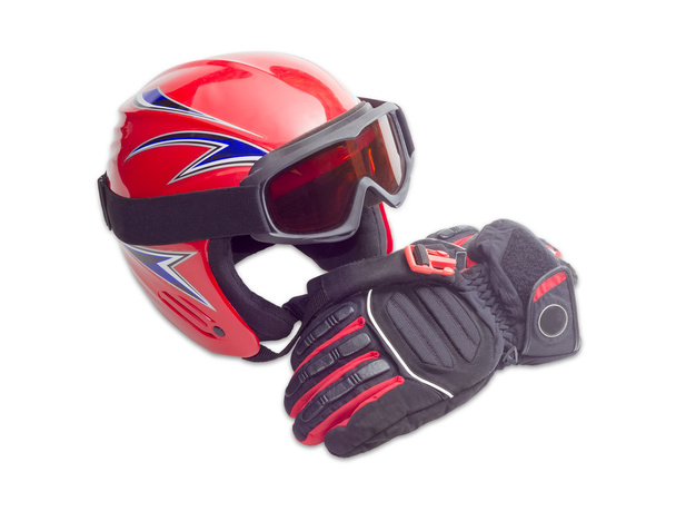 Casco de esquí protector, gafas de esquí y guantes de esquí
 - Foto, Imagen