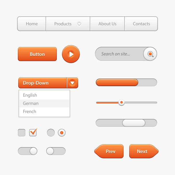 Orange Light User Interface Controls. Web Elements. Website, Software UI: Buttons, Switchers, Slider, Arrows, Drop-down - ベクター画像