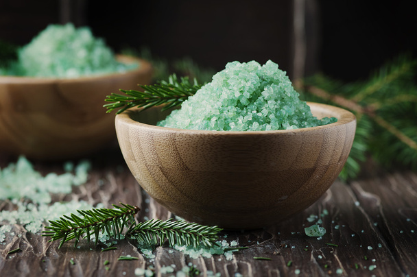 Concept of spa with salt and pine branches - 写真・画像