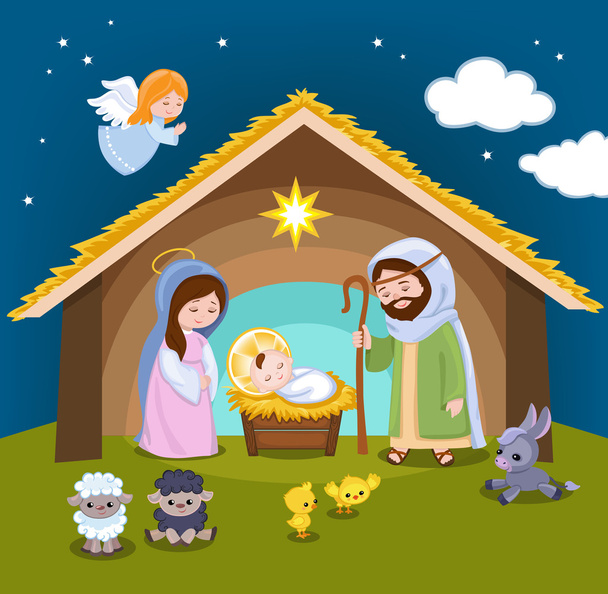 Conjunto de elementos de cena de Natal. Natividade dos desenhos animados família santa
. - Vetor, Imagem