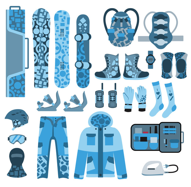 Snowboard sportovní oblečení a nástroje prvky - Vektor, obrázek