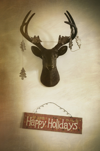 Mounted deer head with garland and holiday sign - Photo, Image