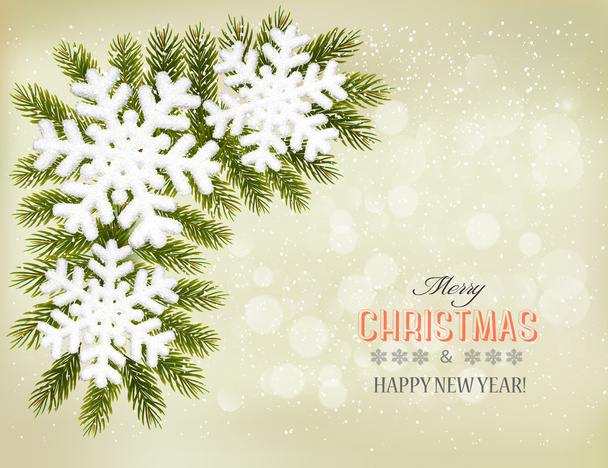 Snowflakes on christmas tree branches. Christmas holiday backgro - Vector, Image