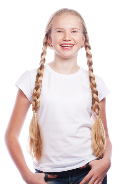 Portrait of a beautiful European blonde girl with braids. - Photo, Image