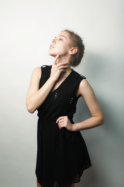 young fashion blond woman in black dress - Photo, image