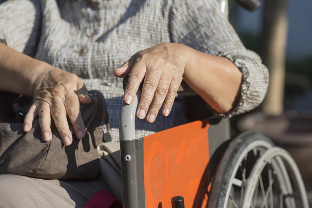 Пожилая женщина путешествует с инвалидной коляской
 - Фото, изображение