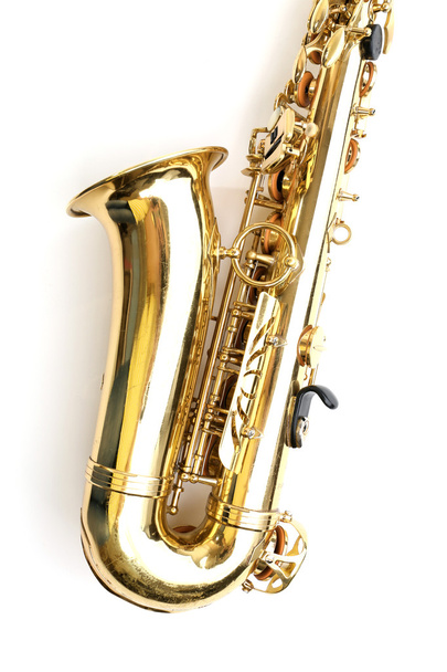 Golden saxophone isolated on white background, close up - Foto, Bild
