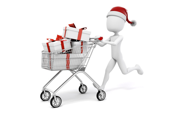 3d man with shopping cart and present box on white background - Photo, Image