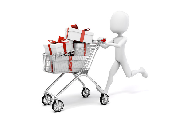 3d man with shopping cart and present box on white background - Φωτογραφία, εικόνα