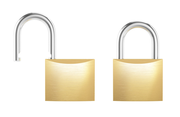 New metal opened and locked padlock isolated on white background - Photo, Image