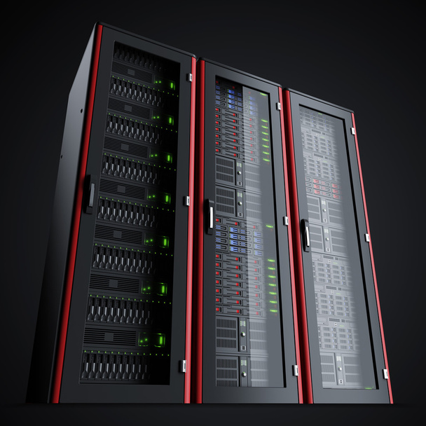 Row of three working server racks isolated on black background - Foto, imagen