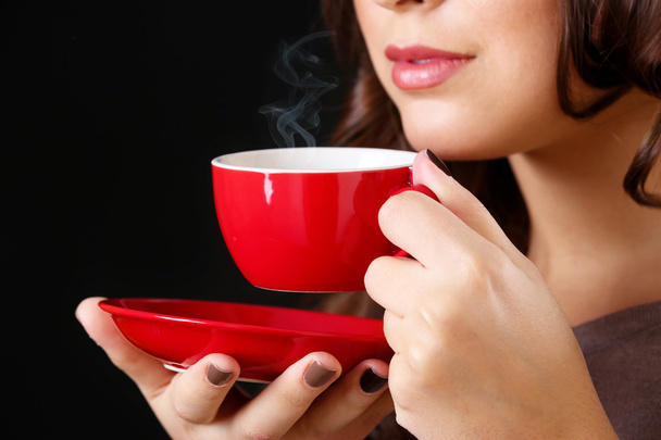 Portrait of pretty woman with cup of coffee, close up - Фото, изображение