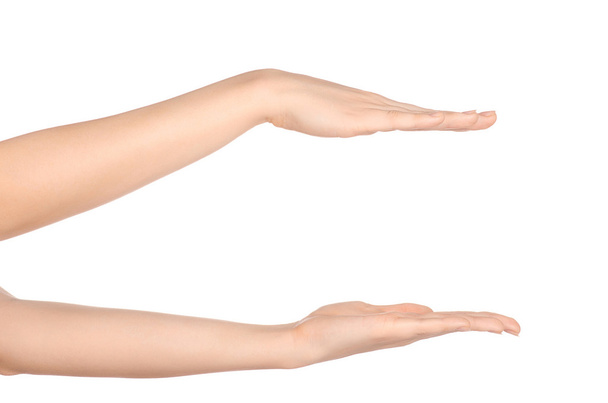 Beauty and Health theme: beautiful elegant female hand show gesture on an isolated white background in studio - Φωτογραφία, εικόνα