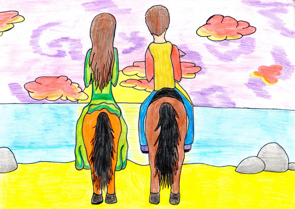 Девушка и мальчик влюбленная пара верхом на лошади. Малыш разноцветный.
  - Фото, изображение